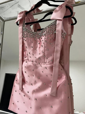 Valen | Pink Square Neck Satin Short Strapless Homecoming Dress With Bows