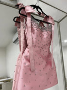 Valen | Pink Square Neck Satin Short Strapless Homecoming Dress With Bows