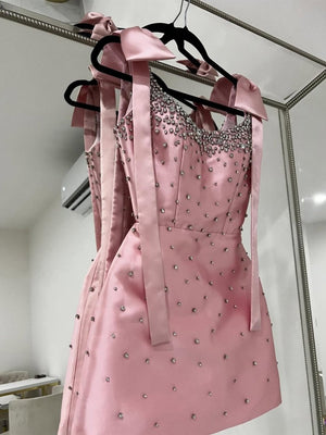 Valen | Pink Square Neck Satin Short Strapless Homecoming Dress With Bows