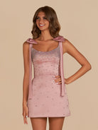 Valen | Pink Square Neck Satin Short Strapless Homecoming Dress With Bows