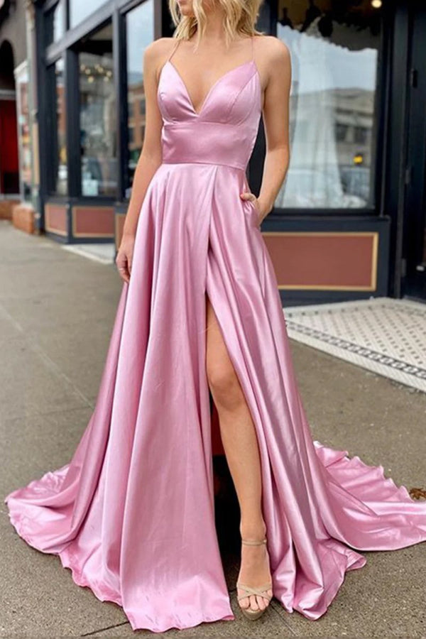 Valeria | Pink V Neck Satin Backless A Line Prom Dress With Pockets - KissProm