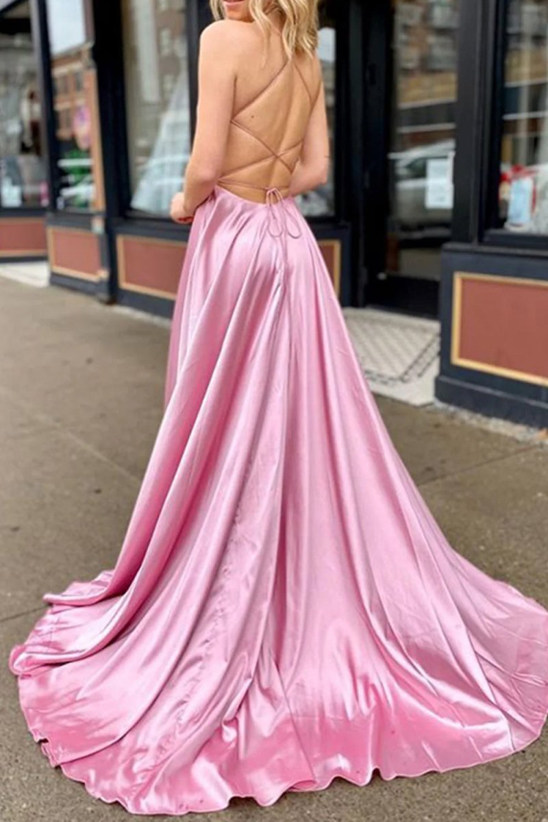 Valeria | Pink V Neck Satin Backless A Line Prom Dress With Pockets - KissProm