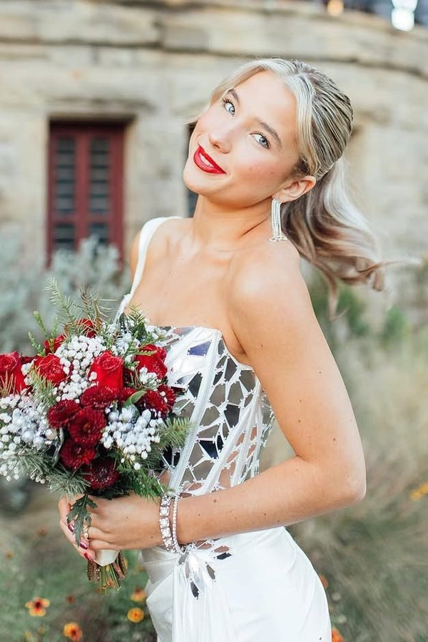 one shoulder prom dress white White One Shoulder Square Neck Mirror-Cut Sequins Prom Dress With Slit White / 8