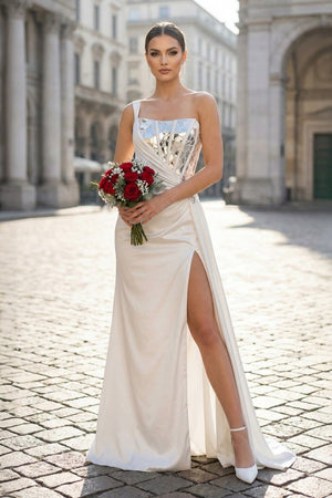 White One Shoulder Square Neck Mirror - Cut Sequins Prom Dress With Slit - KissProm