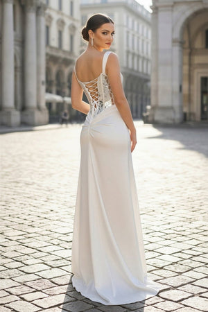 KissProm White One Shoulder Square Neck Mirror-Cut Sequins Prom Dress With Slit, White / 8
