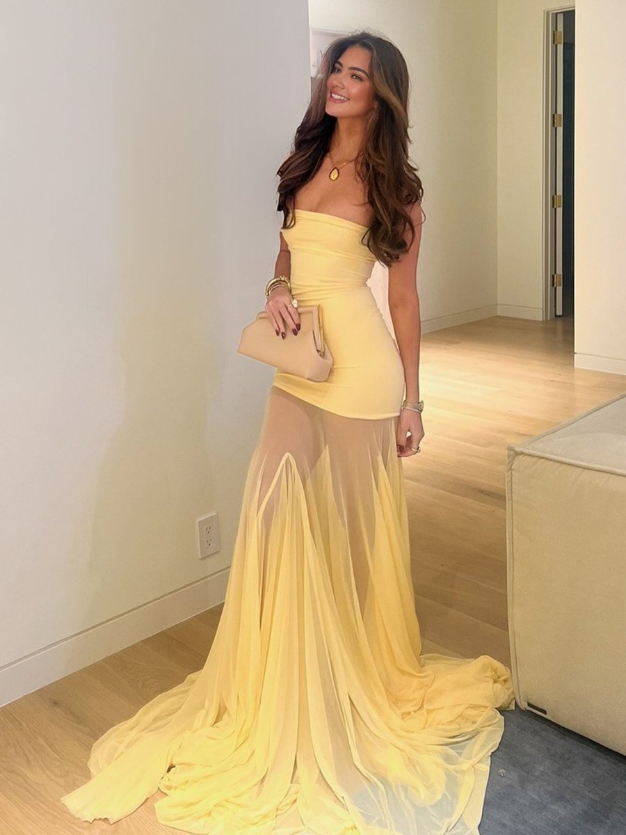 Yellow Strapless Chiffon Mermaid Long Prom Dresses Yellow / 8 Yellow Strapless Chiffon Mermaid Long Prom Dresses Yellow / 8