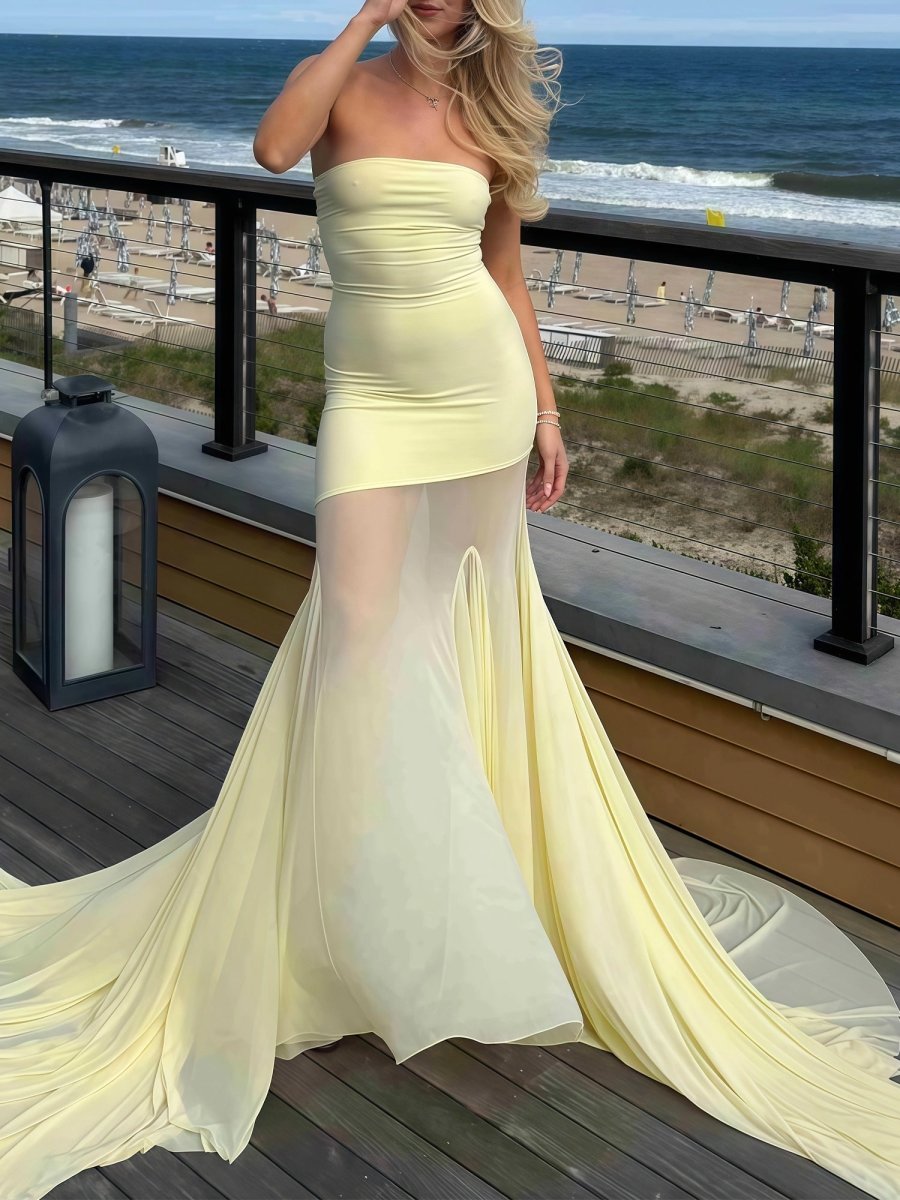 Valeska | Yellow Strapless Chiffon Mermaid Long Prom Dresses - KissProm