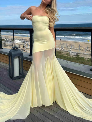 Valeska | Yellow Strapless Chiffon Mermaid Long Prom Dresses - KissProm