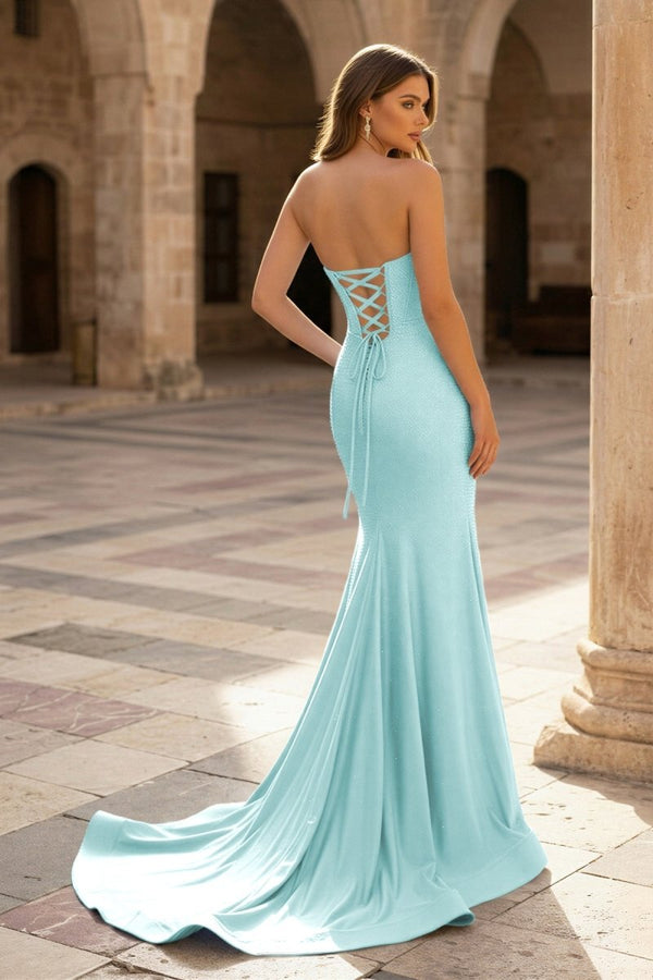 Sky Blue Strapless Satin Beaded Mermaid Long Prom Dresses With Slit - KissProm