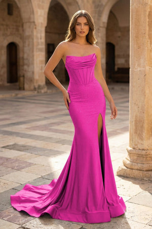 Sky Blue Strapless Satin Beaded Mermaid Long Prom Dresses With Slit - KissProm