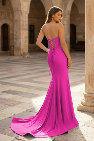 Sky Blue Strapless Satin Beaded Mermaid Long Prom Dresses With Slit - KissProm