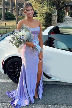 KissProm-Valles Lilac Strapless Satin Beaded Mermaid Long Prom Dresses With Slit