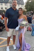 KissProm-Valles Lilac Strapless Satin Beaded Mermaid Long Prom Dresses With Slit