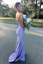 KissProm-Valles Lilac Strapless Satin Beaded Mermaid Long Prom Dresses With Slit