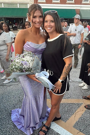 KissProm-Valles Lilac Strapless Satin Beaded Mermaid Long Prom Dresses With Slit