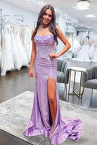 KissProm-Valles Lilac Strapless Satin Beaded Mermaid Long Prom Dresses With Slit