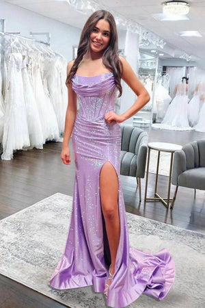 KissProm-Valles Lilac Strapless Satin Beaded Mermaid Long Prom Dresses With Slit