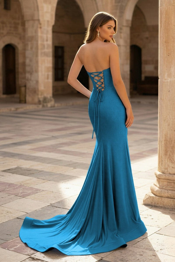 Sky Blue Strapless Satin Beaded Mermaid Long Prom Dresses With Slit - KissProm