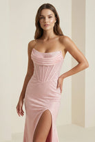 Valles | Sky Blue - Strapless Satin Beaded Mermaid Long Prom Dresses With Slit - KissProm