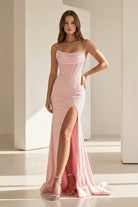 Valles | Sky Blue - Strapless Satin Beaded Mermaid Long Prom Dresses With Slit - KissProm