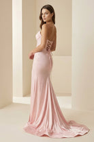 Valles | Sky Blue - Strapless Satin Beaded Mermaid Long Prom Dresses With Slit - KissProm