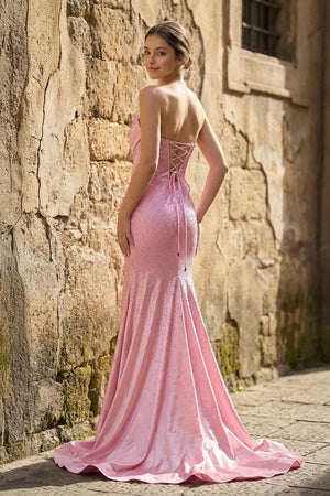 Sky Blue Strapless Satin Beaded Mermaid Long Prom Dresses With Slit - KissProm