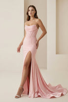 Valles | Sky Blue - Strapless Satin Beaded Mermaid Long Prom Dresses With Slit - KissProm