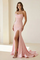 Valles | Sky Blue - Strapless Satin Beaded Mermaid Long Prom Dresses With Slit - KissProm