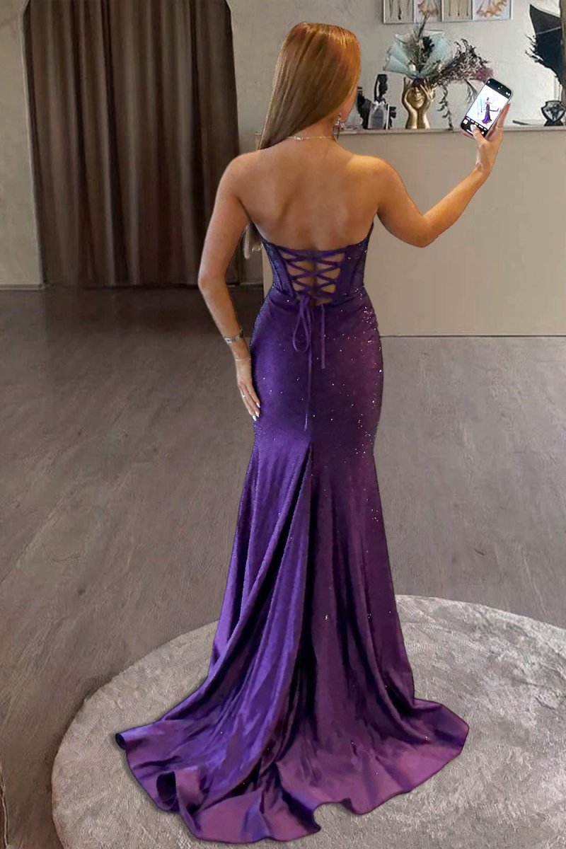 Valles | Sky Blue - Strapless Satin Beaded Mermaid Long Prom Dresses With Slit - KissProm