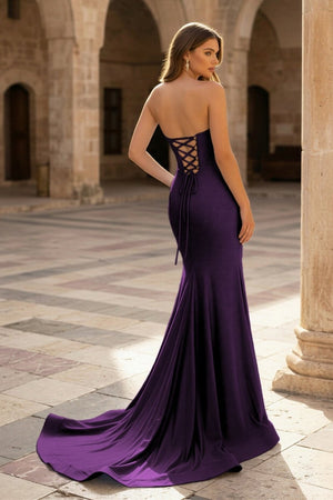 Sky Blue Strapless Satin Beaded Mermaid Long Prom Dresses With Slit - KissProm