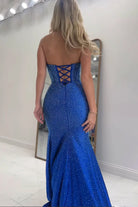 KissProm-Valles Royal Blue Strapless Satin Beaded Mermaid Long Prom Dresses With Slit