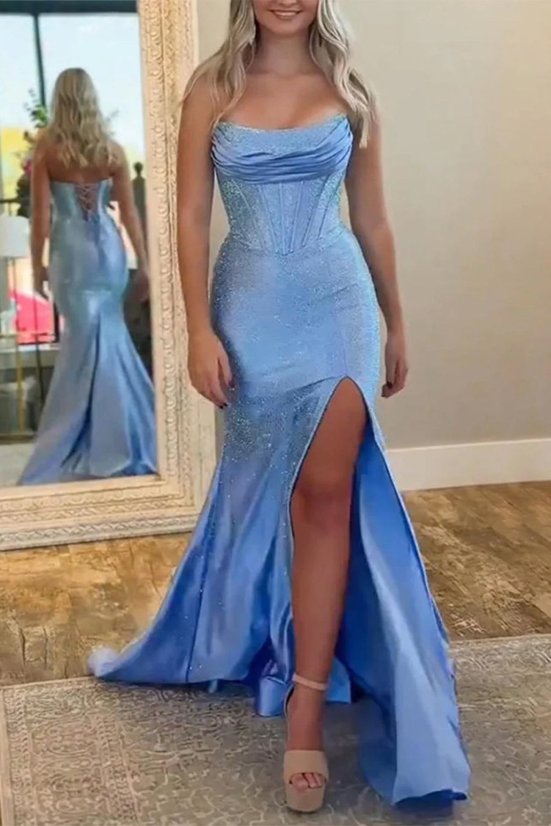 KissProm-Valles Sky Blue Strapless Satin Beaded Mermaid Long Prom Dresses With Slit