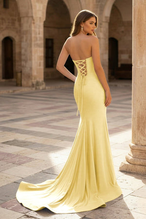 Sky Blue Strapless Satin Beaded Mermaid Long Prom Dresses With Slit - KissProm