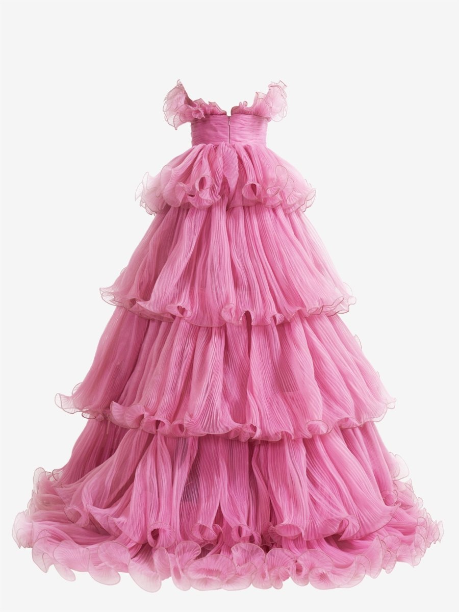 Vanessa |Pink Strapless A - Line Tiered Crinkled Tulle Prom Dress - KissProm