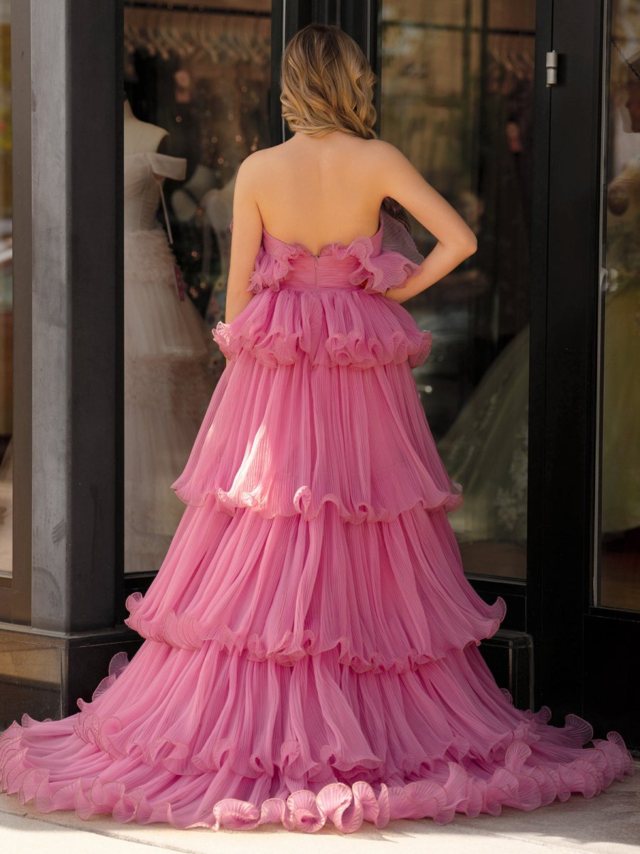 Vanessa Pink Strapless A-Line Tiered Crinkled Tulle Prom Dress