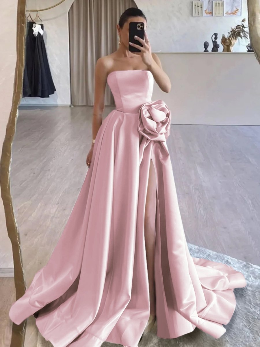 KissProm-Vanora Pink Strapless Satin Long Prom Dress With High Split

