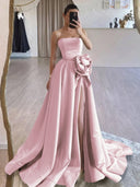 KissProm-Vanora Pink Strapless Satin Long Prom Dress With High Split
