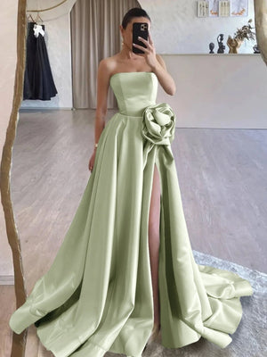 KissProm-Vanora Sage Strapless Satin Long Prom Dress With High Split