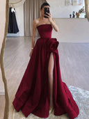 KissProm-Vanora Burgundy Strapless Satin Long Prom Dress With High Split
