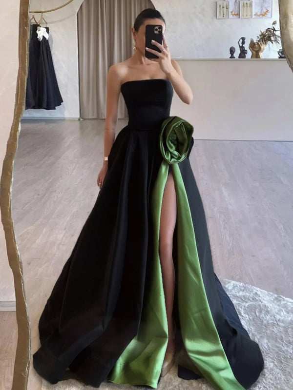 KissProm-Vanora Green Strapless Satin Long Prom Dress With High Split