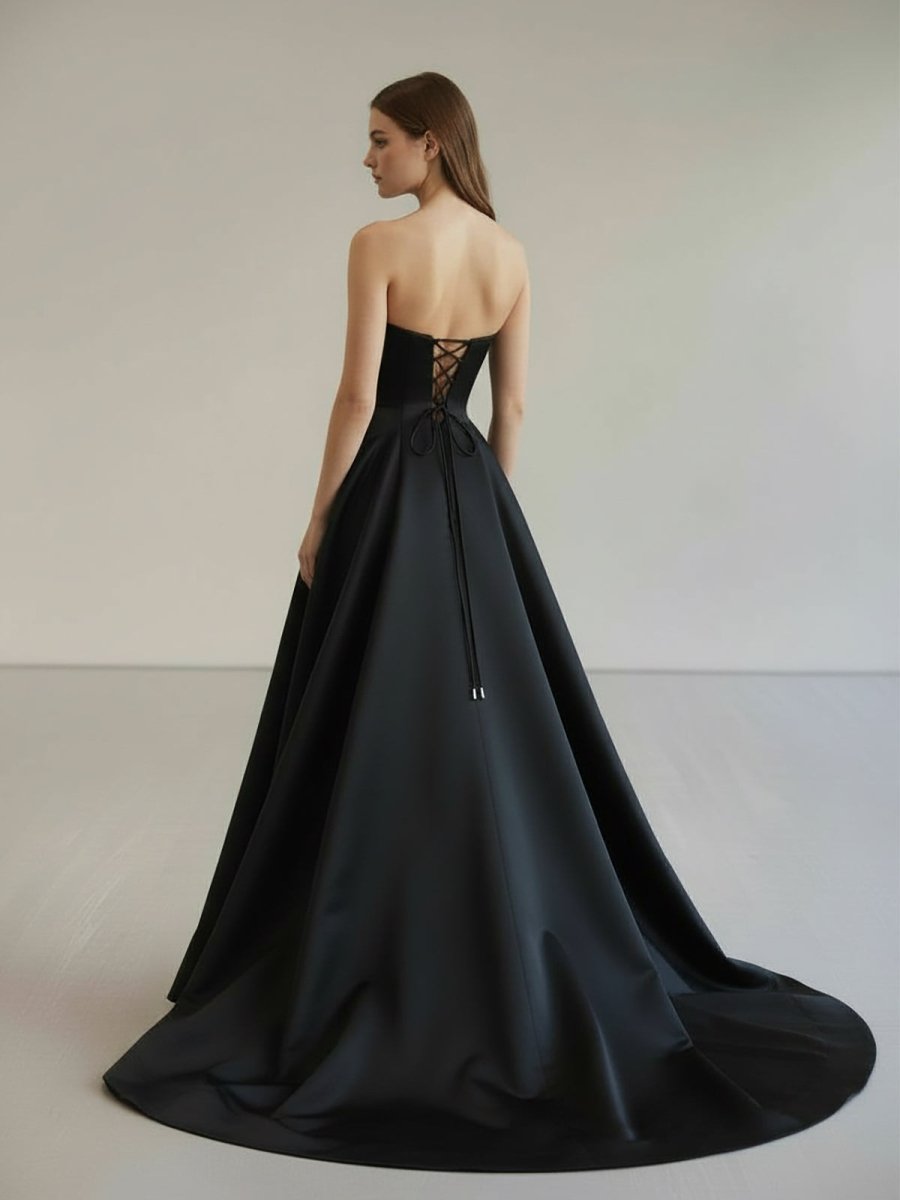 KissProm-Vanora Black Strapless Satin Long Prom Dress With High Split