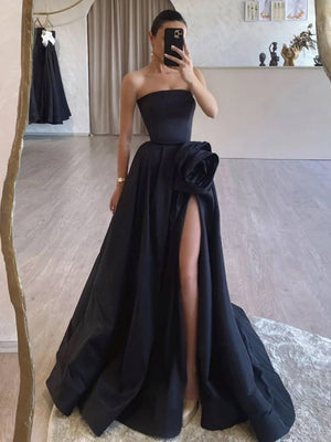 KissProm-Vanora Black Strapless Satin Long Prom Dress With High Split