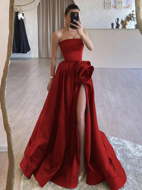 KissProm-Vanora Red Strapless Satin Long Prom Dress With High Split