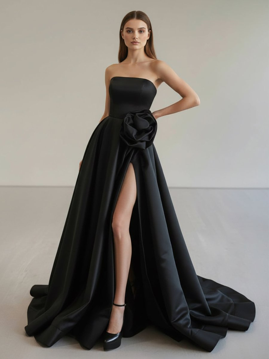 black formal strapless dress Black Strapless Satin Long Prom Dress With High Split Black / 12