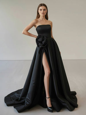 Black Strapless Satin Long Prom Dress With High Split