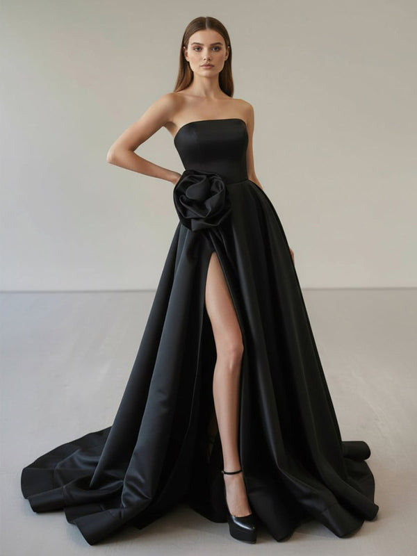 Black Strapless Satin Long Prom Dress With High Split