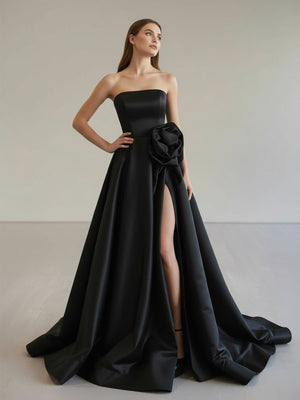 KissProm-Vanora Black Strapless Satin Long Prom Dress With High Split