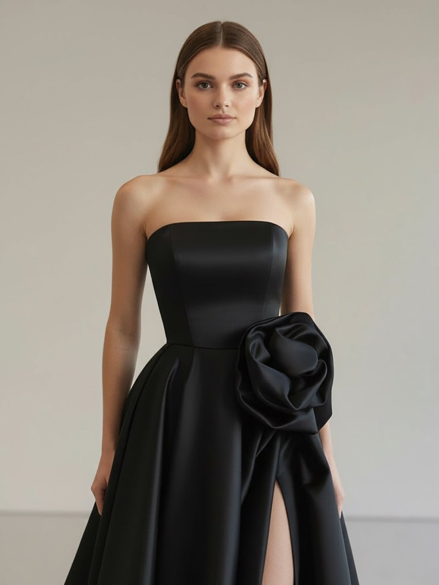 KissProm-Vanora Black Strapless Satin Long Prom Dress With High Split