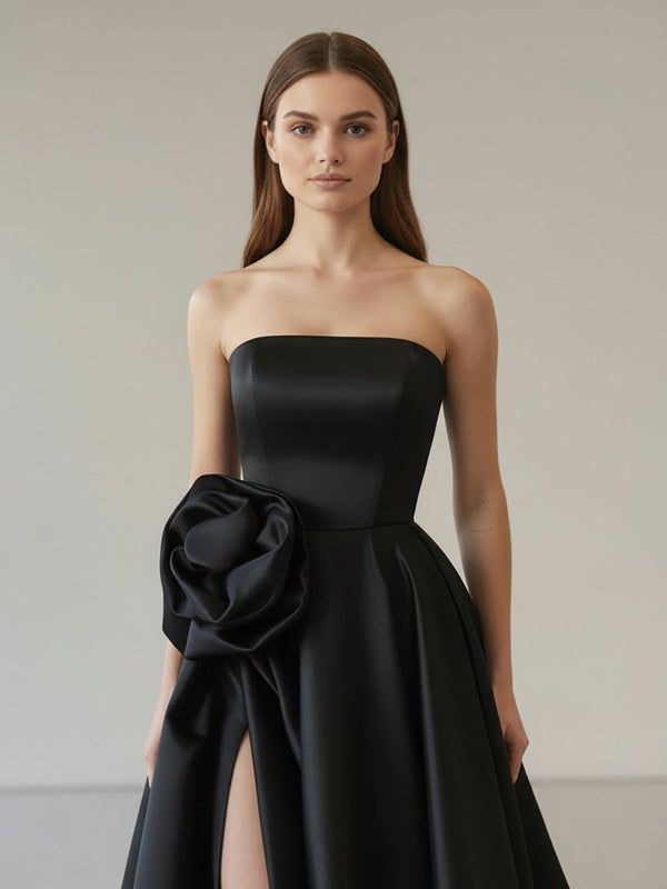 Black Strapless Satin Long Prom Dress With High Split