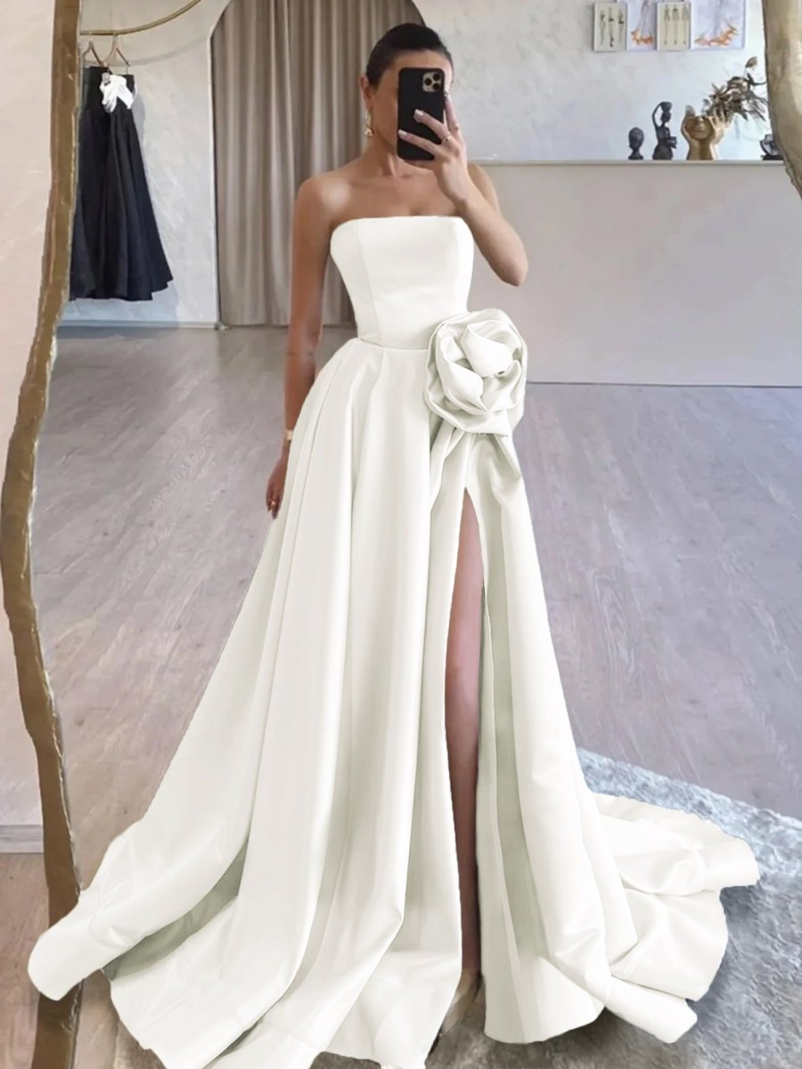 KissProm-Vanora Ivory Strapless Satin Long Prom Dress With High Split